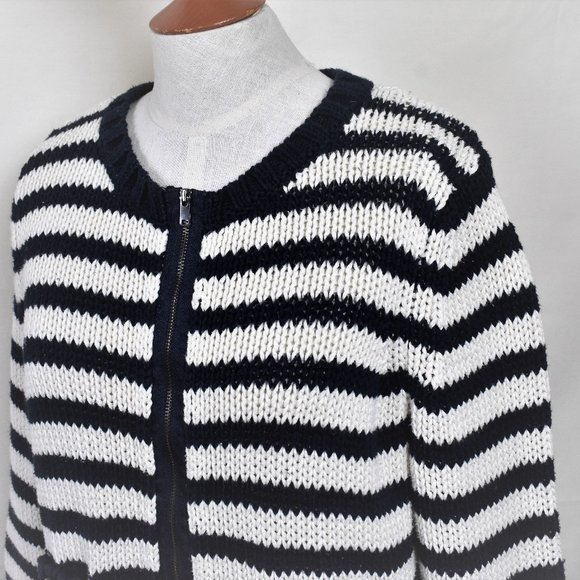 LOFT Sweater L Blue White Stripe Crew Neck Zip Front CottonLong Sleeve - Picture 2 of 7